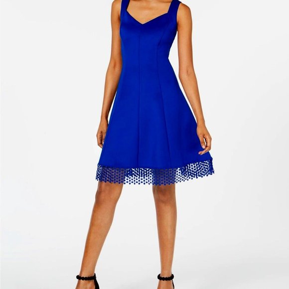 DONNA Ricco Lace-Trim Fit and Flare Dress,14/Cobalt Blue - Picture 1 of 5